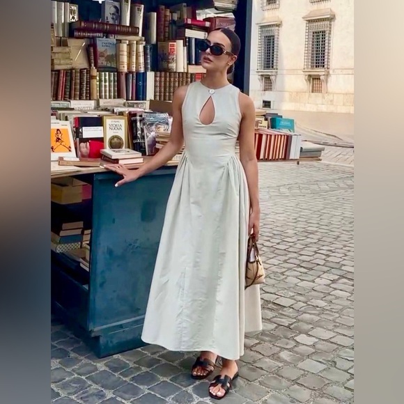 Commense cream tan Cotton & Linen Pleated Cutout Long Dress - Picture 3 of 6